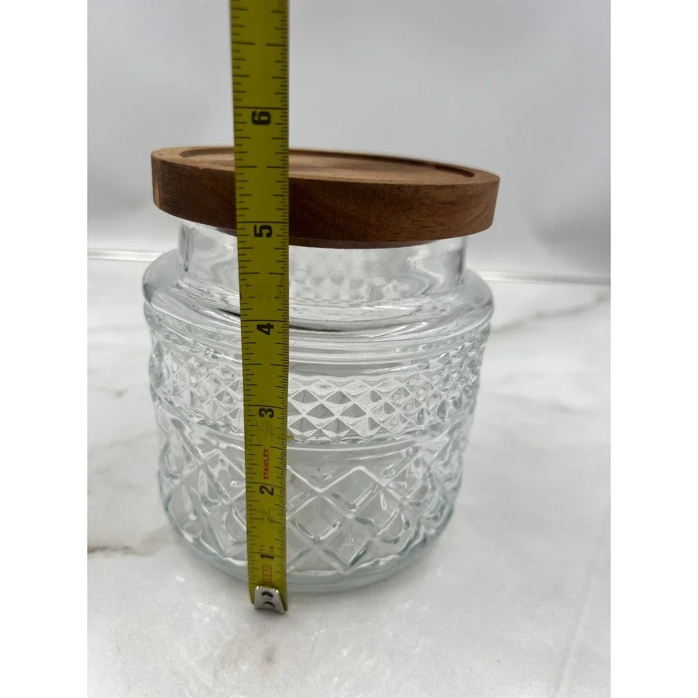 Diamond Pattern Glass Canister with Wood Lid Airtight Storage Jar Clear